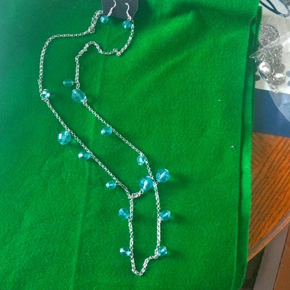Blue clear bead necklace & earrings